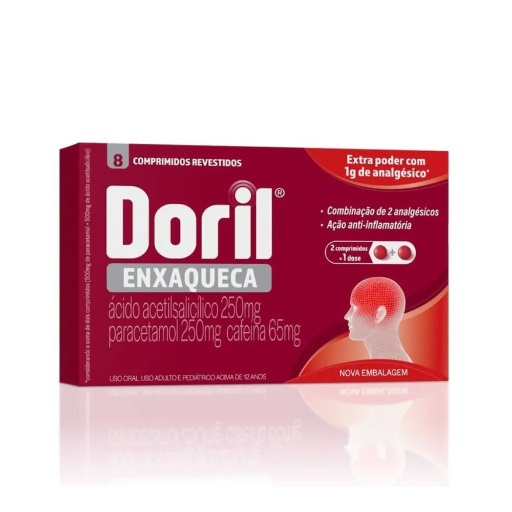Analgésico Doril Enxaqueca Ácido Acetilsalicílico 250mg + Paracetamol 250mg + Cafeína 65mg 8 Comprimidos